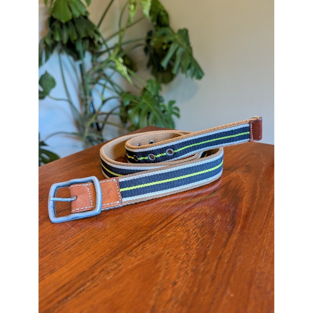 American Eagle Vintage Y2K‎ Striped Webbed Belt Navy Tan Lime Green Leather Trim